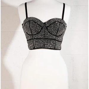 MULLA Women's Dark Rhinestone Strapless Bustier Crop Top with Hook Closure